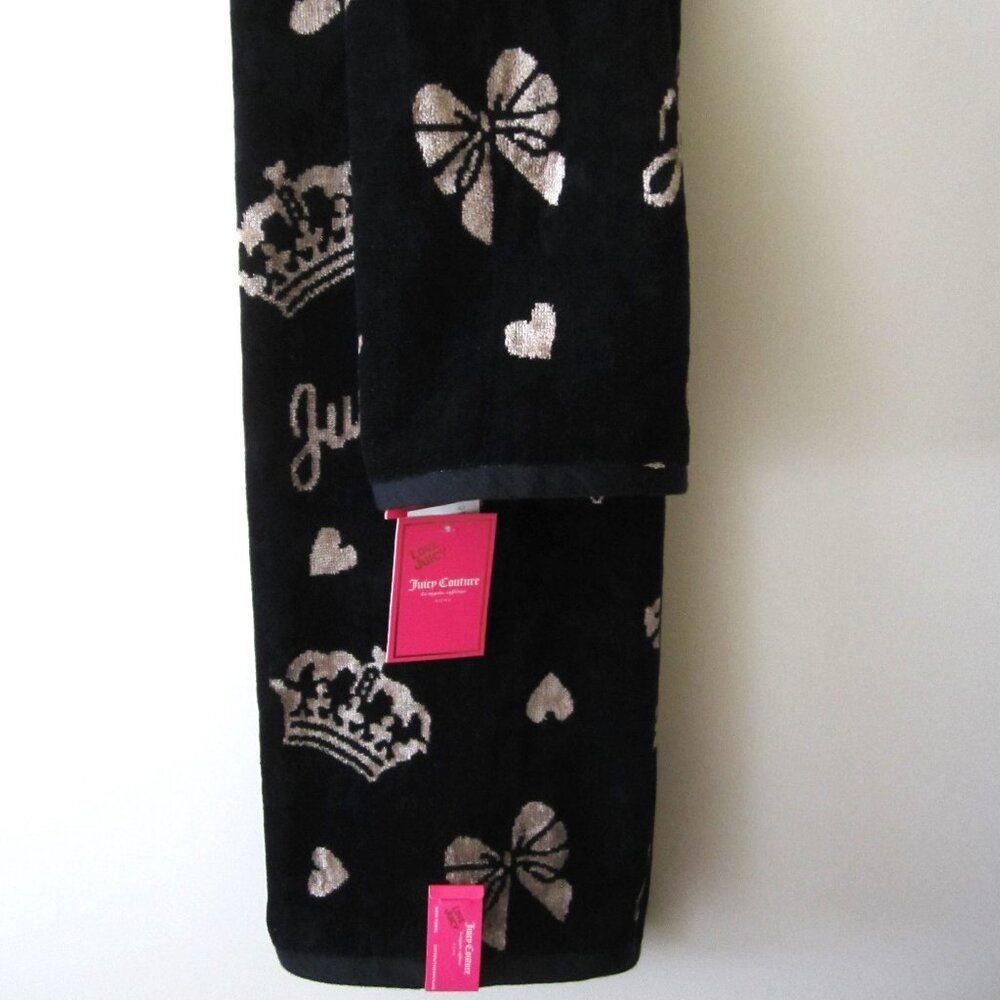 Juicy Couture Crown Bow Heart Black Bath & Hand Towel Set - Picture 2 of 9